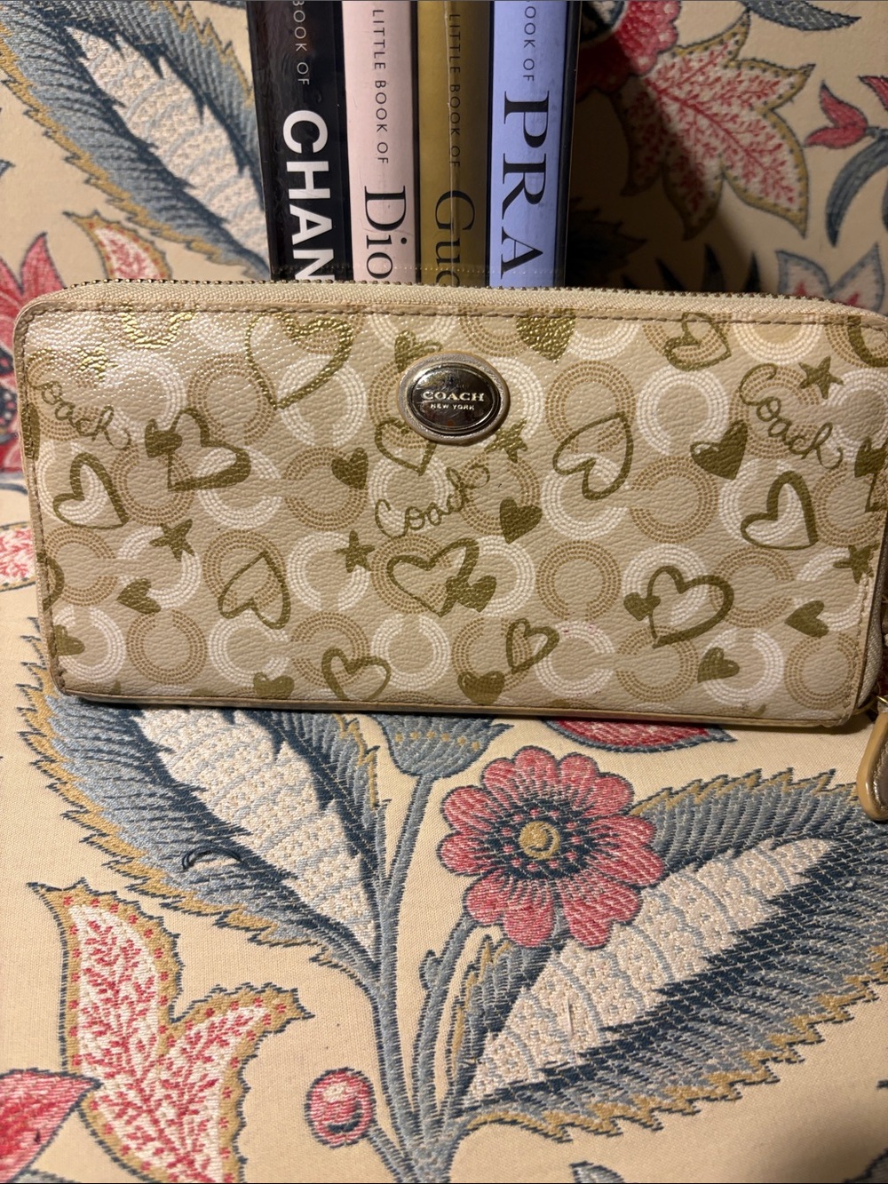 Coach Waverly Cream & Gold Heart Print Zip Around Wallet